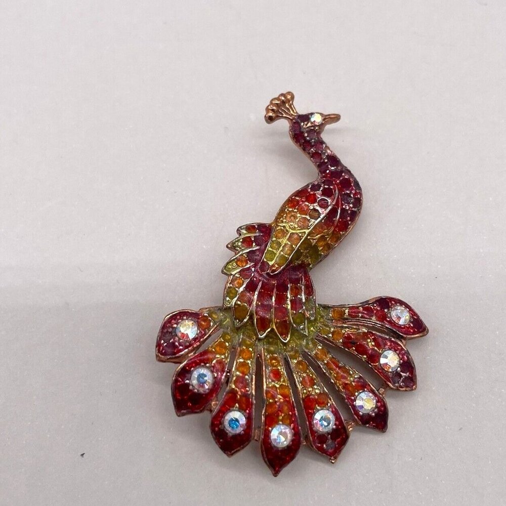 Peacock Brooch Gold Toned Rhinestone